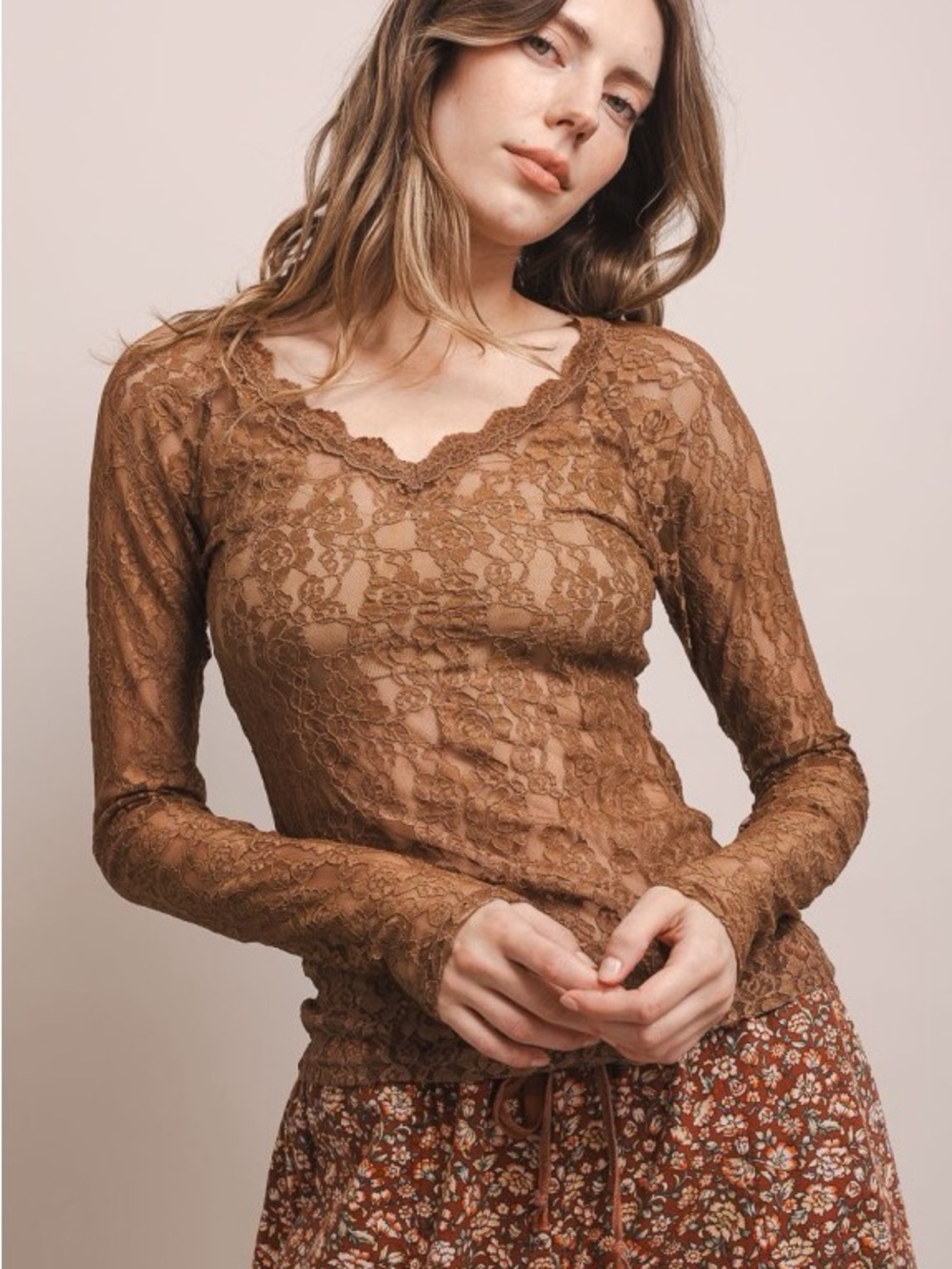 New 🔥 Bluevelvet Brown Mesh Lace Long Sleeves
